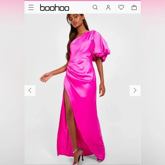Boohoo | Dresses | Magenta One Shoulder Puff Sleeve Gala Dress | Poshmark